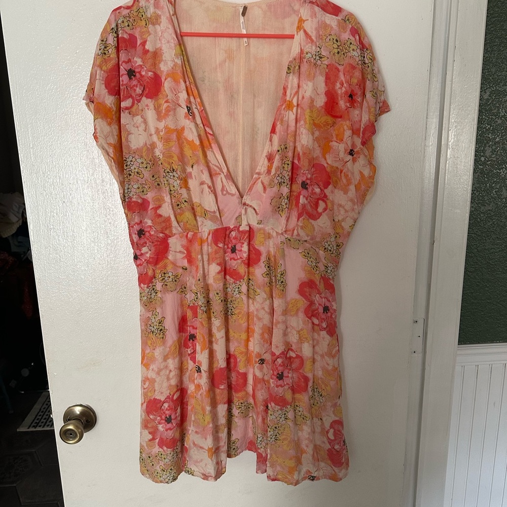 Free People Ruffled Tiered Mini Dress in Pink and Orange